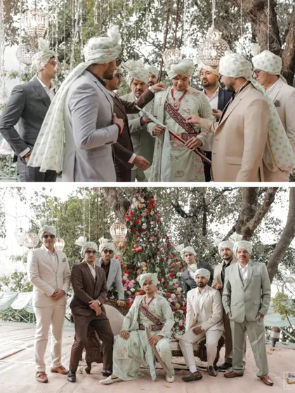 A collage showing the groom posing with his groomsmen, a fun and memorable moment.