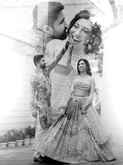 A beautiful black and white double exposure, blending a candid laugh with a graceful dance. This technique creates a layered image full of emotion and movement.