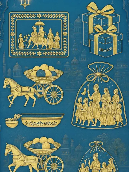 This graphic illustrates the key motifs of the Golden Dunes collection. The use of traditional patterns and royal symbols in gold against a deep blue background defines the opulent aesthetic of this theme.