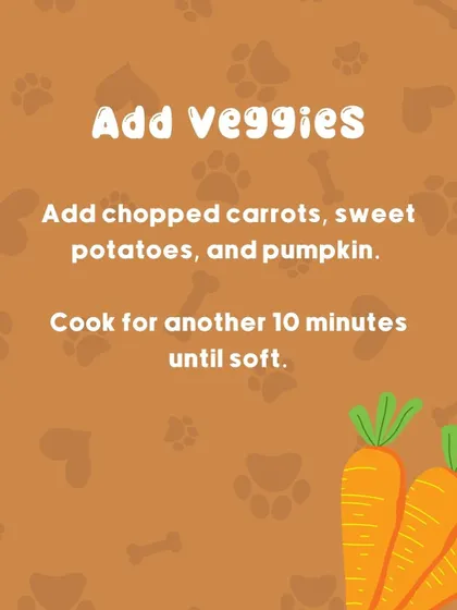 Once the chicken is cooked, add chopped vegetables like carrots, sweet potatoes, and pumpkin. Cook for another 10 minutes until they are soft and tender.