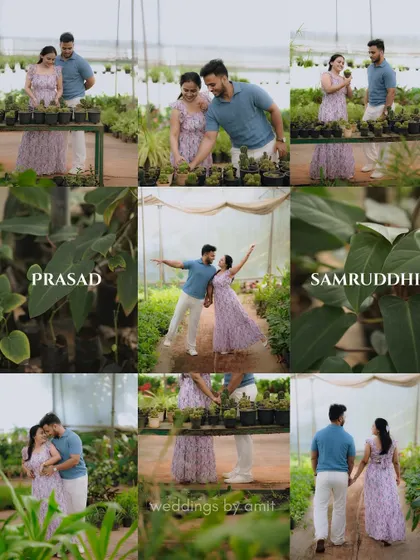 A collage telling the story of a pre-wedding shoot in a plant nursery. It shows the couple's playful and romantic interactions among the plants.