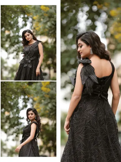 A collage showcasing the versatility of the black evening gown, from its detailed front to the elegant lace-up back.