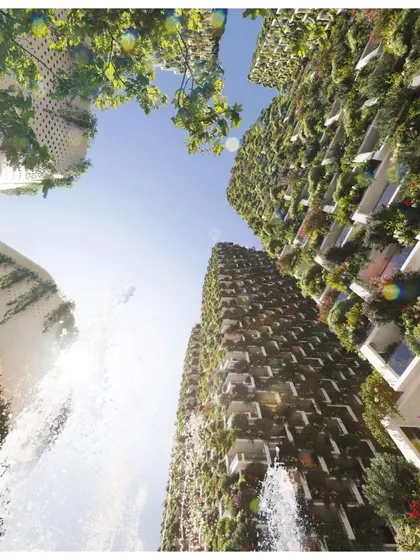 A worm's-eye view of the Sky Gardens towers, showcasing the immense scale of the vertical greening and the project's ambitious vision for sustainable urban living.