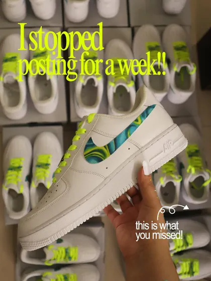 This is what you missed while I was busy with the Diageo project. I created a custom swirl design inside the Nike swoosh, paired with bright neon laces for a standout look.