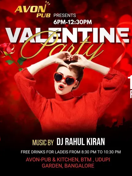 A poster for a Valentine's Day party and ladies' night in Bangalore. I am available for themed holiday events for couples and singles.