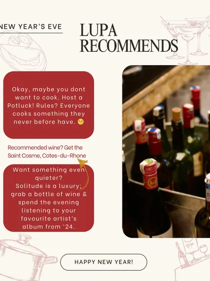 My team's recommendations for a cozy New Year's Eve at home, from hosting a potluck to enjoying a quiet night with a good bottle of wine.