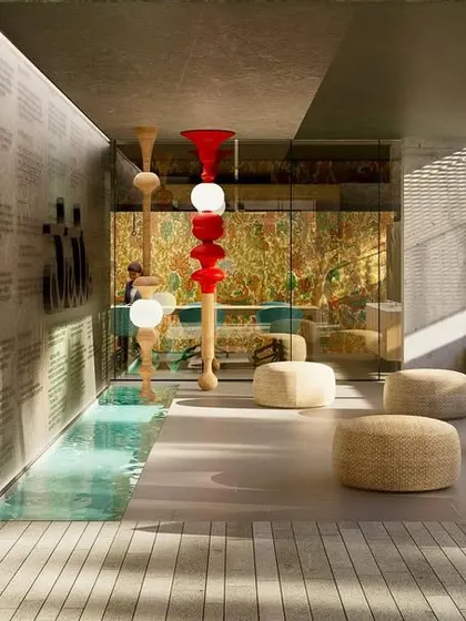 A detail from the 'Local' co-living project in Bangalore, where we integrated a map of the city and other contextual elements into the design. This research-based approach ensures the space is a genuine tribute to the cultural soul of its location.