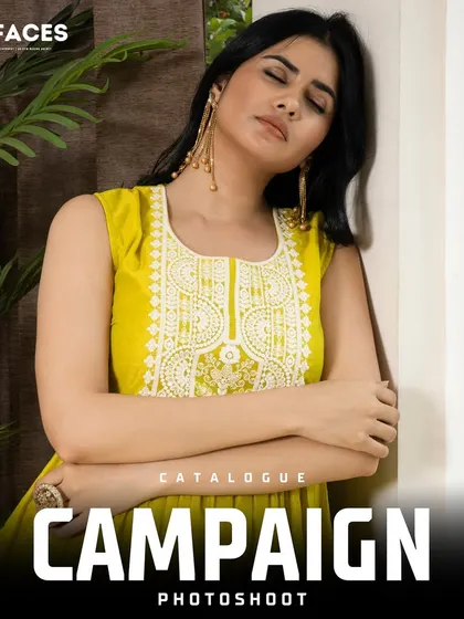 A model in a yellow embroidered kurta, part of a catalogue campaign shoot, demonstrating a relaxed yet elegant pose.