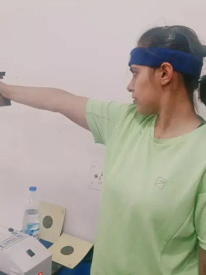 An intense training session at our Delhi branch. This shooter is practicing her 10m air pistol form, a discipline that requires immense focus and a steady hand.