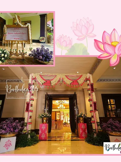 The entrance decor for a traditional ceremony, designed to welcome guests with grace. This setup includes a beautiful floral archway made of jasmine and rose garlands and an ornate welcome sign on a golden easel.