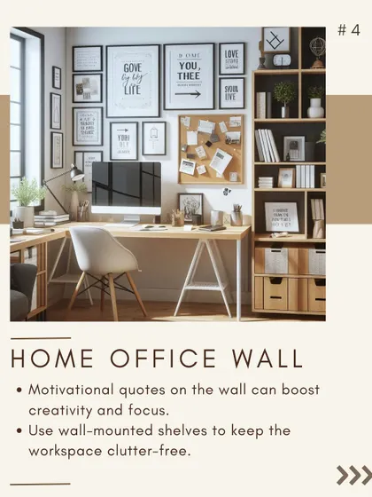 A gallery wall is a fantastic way to personalize a home office. I arrange motivational quotes and art in various frame sizes to create a visually engaging backdrop that boosts creativity and keeps the workspace free of clutter.