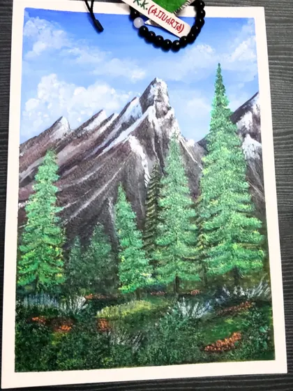 An acrylic painting of majestic, snow-capped mountains and lush pine trees. I used 200gsm paper for this piece to handle the layers of acrylic paint and capture the rugged texture of the landscape.