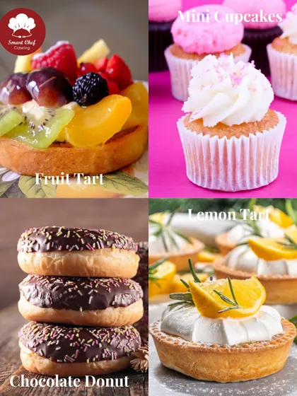 A collage of our irresistible vegetarian and eggless dessert options, including Fruit Tarts, Mini Cupcakes, Chocolate Donuts, and Lemon Tarts.
