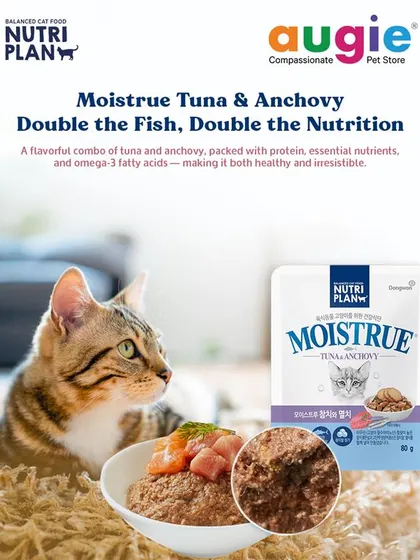 Double the fish means double the nutrition. This Moistrue Tuna & Anchovy pouch combines two flavorful fish packed with protein and essential omega-3 fatty acids. It's both healthy and irresistible.