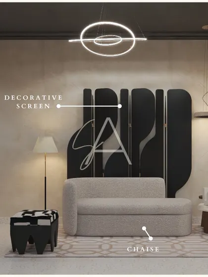 A furniture display featuring a modern chaise lounge and a decorative screen. We use these curated arrangements in experience centers to show clients how different pieces can work together in a real-world setting.