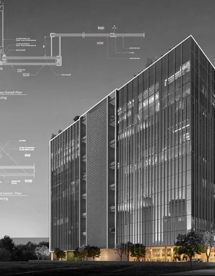 This design detail overlayed on a render shows the technical thought behind our commercial project in Mumbai. The drawing highlights the sliding door and glazing details that contribute to the building's sleek, modern aesthetic.