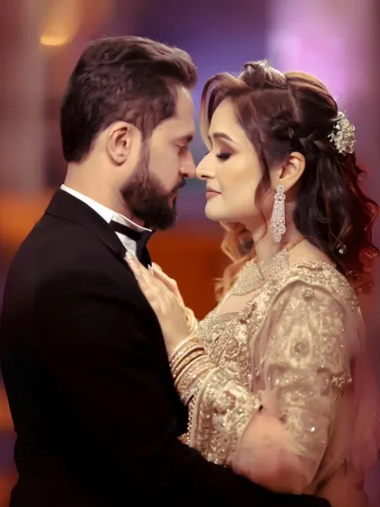 A moment of pure romance. Shrey and Shivani share an intimate embrace, their faces close, capturing the deep connection and love between them.