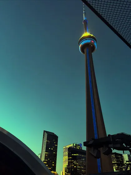 The iconic CN Tower in Toronto, lit up at night, seen from a concert at the Rogers Centre.