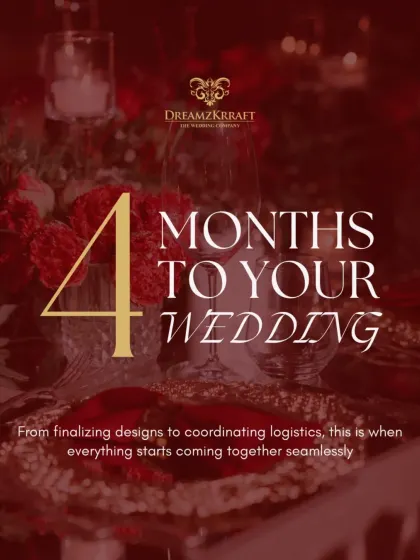 With four months to go, the vision starts becoming a reality. This is when I finalize decor designs, coordinate logistics, and bring together all the creative elements to ensure everything unfolds seamlessly on the big day.