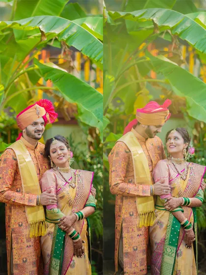 Two portraits of a couple in a lush, green setting, showing their coordinated wedding outfits and the natural ease between them.