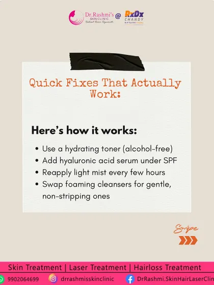 This graphic offers quick, effective tips for dehydrated skin, a common issue caused by air conditioning. I recommend using a hydrating toner, a hyaluronic acid serum, and swapping foaming cleansers for gentle ones to restore moisture.