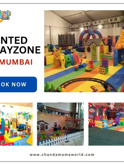 A collage of rented playzones in Mumbai. The top image shows a huge, colorful setup in a tented indoor space, perfect for large gatherings and events where you need to entertain many children at once.