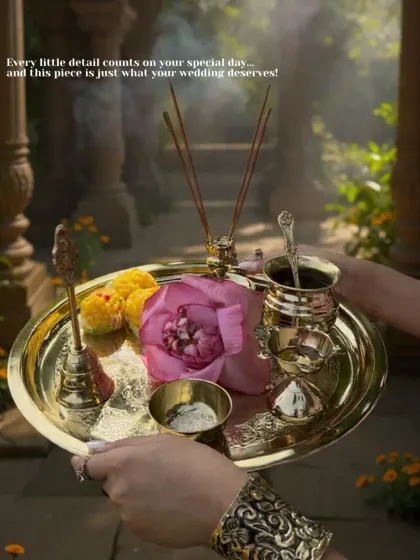 For me, the beauty of our traditions lies in the details. This is my complete pooja thali set, handcrafted from brass with intricate etching. It includes everything you need for your rituals, from a bell and incense holder to small bowls, making your special ceremonies feel even more sacred.