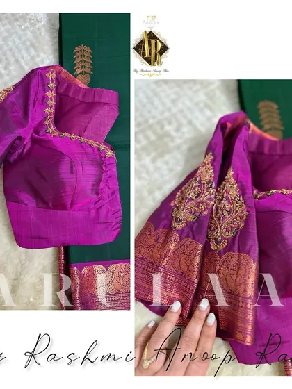 A magenta blouse with placement embroidery on the puff sleeves. The design uses the saree's original zari border for a perfect match.