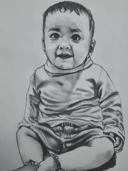 A realistic drawing of a baby, done as a commission work with graphite pencils. I focused on the soft features and wide eyes to create a cherished memory for the family.