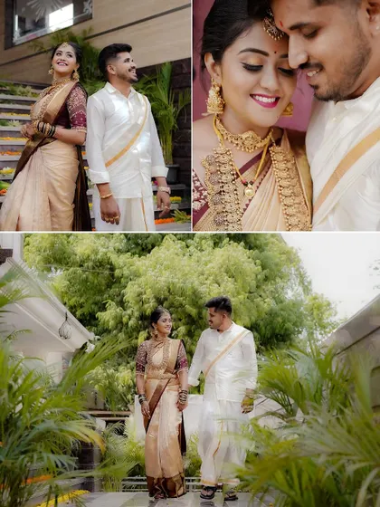 A collage showing the couple in various settings around their wedding venue, capturing both posed and candid moments.