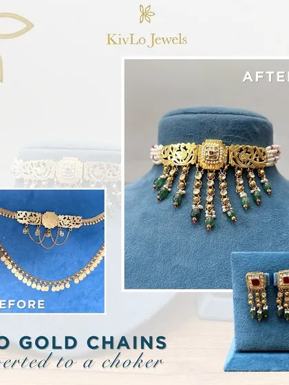 Two simple gold chains were converted into this elegant choker and matching earrings. We used one chain for the base and the other for the hangings, adding kundan and pearls for a complete look.
