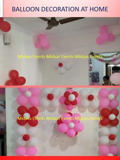 A before-and-after style look at the floral balloon wall decor. It shows how a plain wall can be transformed into a beautiful party backdrop.