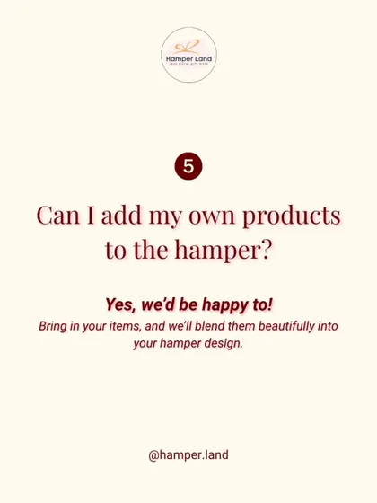"Can I add my own products to the hamper?" Yes, you can! This graphic explains that I'm happy to incorporate your items into my hamper designs.