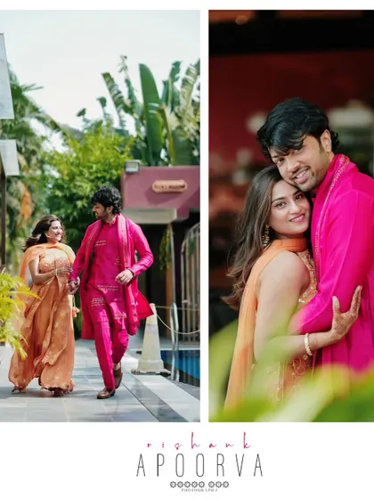 A collage capturing a couple's vibrant walk by the pool and an intimate embrace, showcasing their colorful outfits and happy connection.