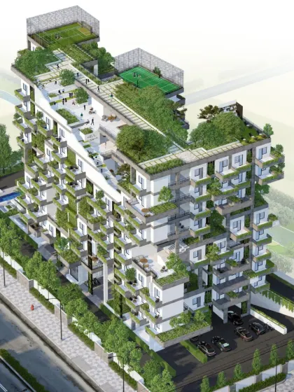 An isometric view of the Urban Nest project. This rendering showcases the volumetric hierarchy of the building, with multiple levels of green spaces and leisure areas designed to promote both individual and collective growth.