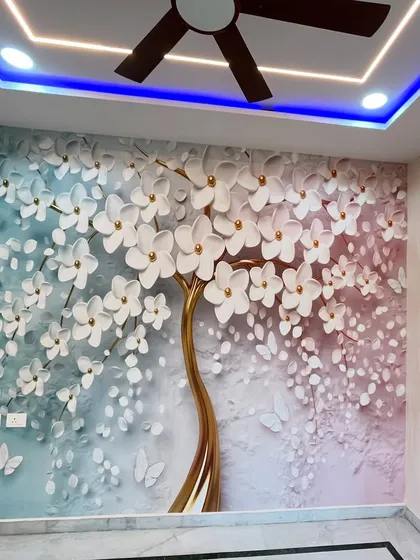 A stunning installation of our 3D flowering tree wallpaper, complete with blue LED cove lighting that enhances the magical effect.