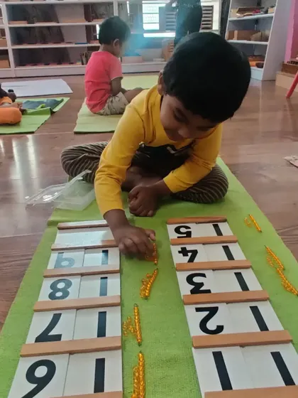 The Teen Board and Beads are used to teach the numbers 11 through 19. This material gives a concrete representation of quantity, helping the child move from simple counting to understanding the decimal system.