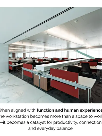 This workstation layout uses red acoustic panels to add a pop of color and improve sound control. The design demonstrates how functional elements can also contribute to the overall aesthetic of the workspace.