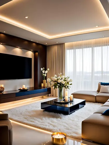 A luxurious living room with a dark accent wall and warm backlighting. The plush white rug and candles create a cozy and sophisticated ambiance.