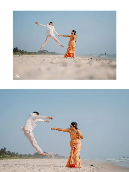 A playful and energetic shot of a couple on the beach. The groom's mid-air jump adds a touch of fun and personality to their destination wedding photos.