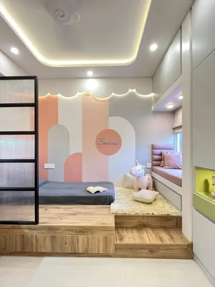 I love creating imaginative and functional spaces for the youngest members of the family. This kid's bedroom features a playful, color-blocked design with a platform bed, a cozy bay window seat, and plenty of integrated storage for toys and treasures.
