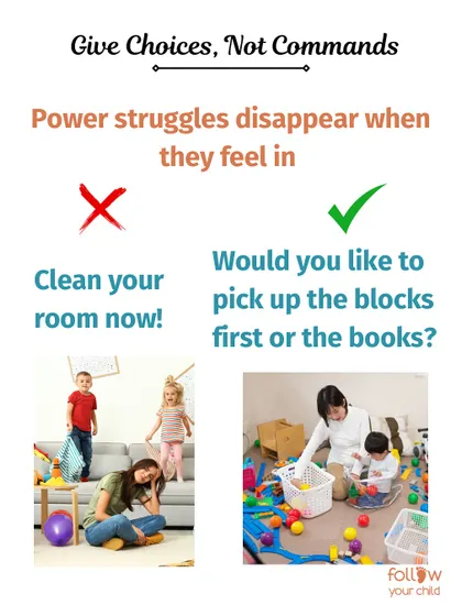 Give choices, not commands. "Would you like to pick up the blocks first or the books?" This simple shift eliminates power struggles.