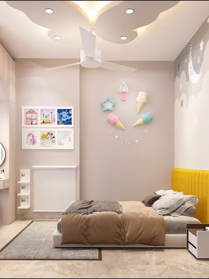 A cloud-themed false ceiling and a bright yellow headboard add pops of fun and color to this imaginative bedroom.