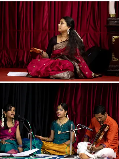 We bridge the gap between learning and performing. The top image shows our guru guiding the session with deep involvement, while the bottom shows our students putting their lessons into practice, singing alongside professional live accompaniments like the violin. This is how we build complete musicians.
