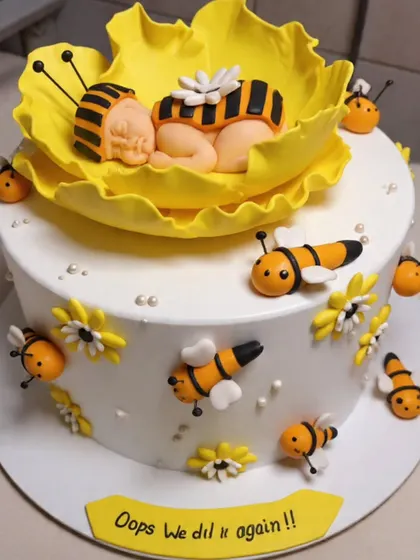 Bees and yellow petals surround our birthday cake design, with a small baby figure resting inside the flower on top.