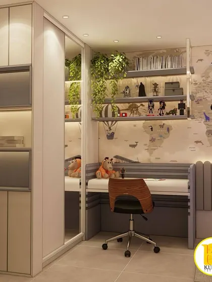 A detailed shot of the study area, with integrated shelving and lighting.