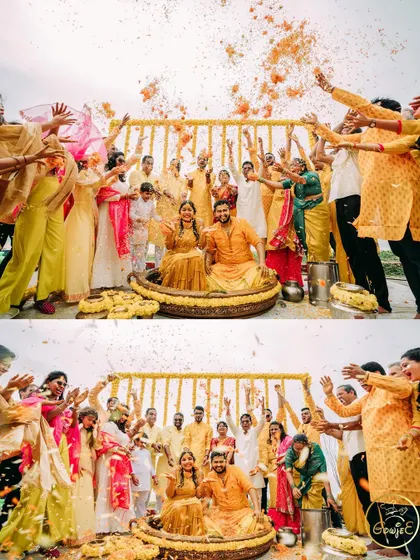 Friends and family showering the couple with flower petals, a classic and beautiful moment from a Haldi ceremony I planned.