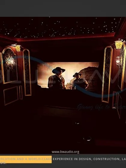 An opulent, vintage-inspired home theater with intricate wall paneling and classic sconce lighting. The dark wood and gold accents, combined with a starlight ceiling, transport you to the golden age of cinema.