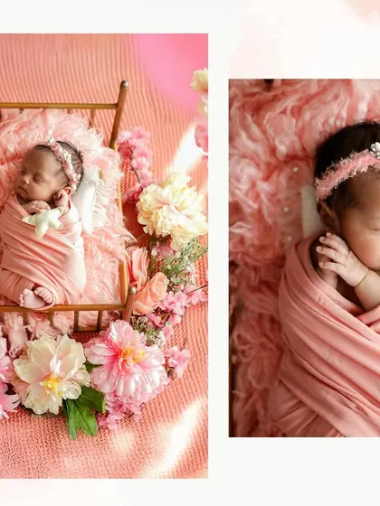 Two perspectives from a lovely pink-themed newborn session. We provide a variety of shots, from wider compositions showing the full setup to intimate close-ups of your baby.