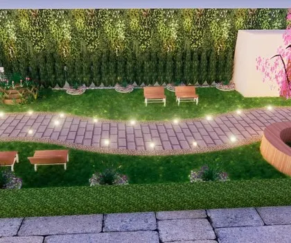 A different angle of the 3D garden design, showing the lighting plan for the pathway and the placement of benches.